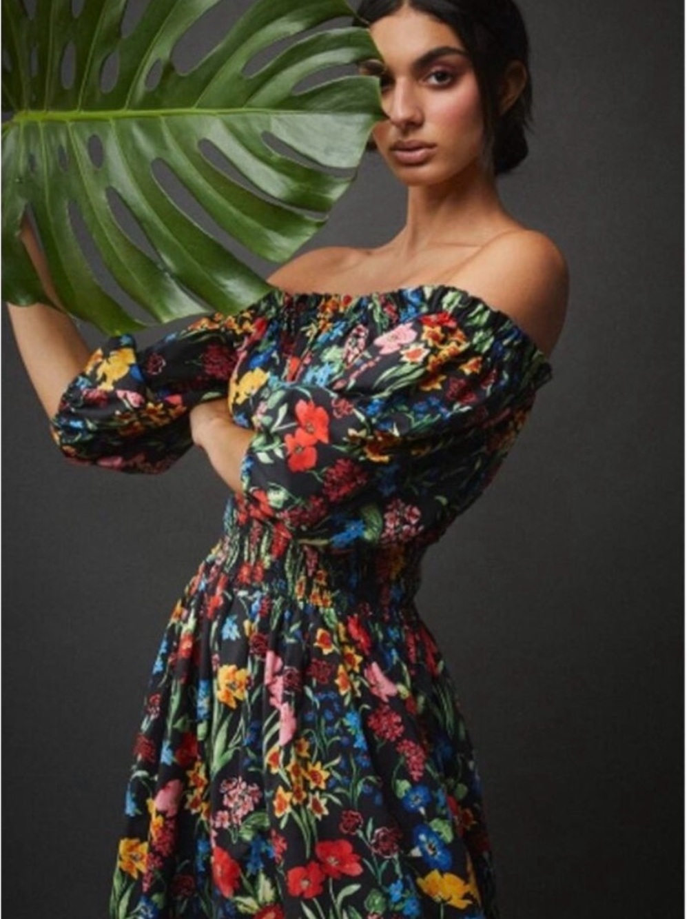Cara Cara off (or On) shoulder floral cotton dress in black